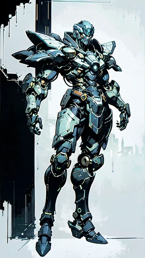 (masterpiece:1.5, best quality:1.5, extremely delicate:1.5, dynamic angle:1.5), ((male:1.5)), Biomimetic humanoid Mecha, green eyes, fully enclosed shoulder guards, matching arm and leg guards, gemstone, full body, full armor, the design balances heavy wit...