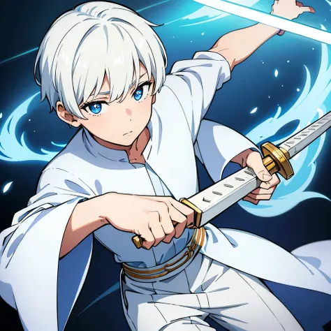 A boy with short white hair，Wearing a white robe, light blue pupils holding a sword in his hand