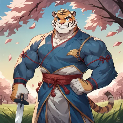 nj5furry,Tiger，Lonely， beast field ，pummelig, thick arms，strong muscles，Plush ，chubby face， black eyebrows ，sky blue eyes，bart，Grin:1.1， Under the cherry trees，samurai armor，mantel，holding a sword ，Held，（sweat）,von zixiong, Takemoto Arashi