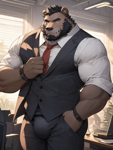 ( very detailed ),  grizzly bear Clear focus ,hairy,   black and white fur  ), black beard,  black hair , human nature  (棕carry:1.3), Male,  Middle aged and elderly people, brown body, white belly,  muscular ,( bulge in crotch ), very detailed  face,(zerza...