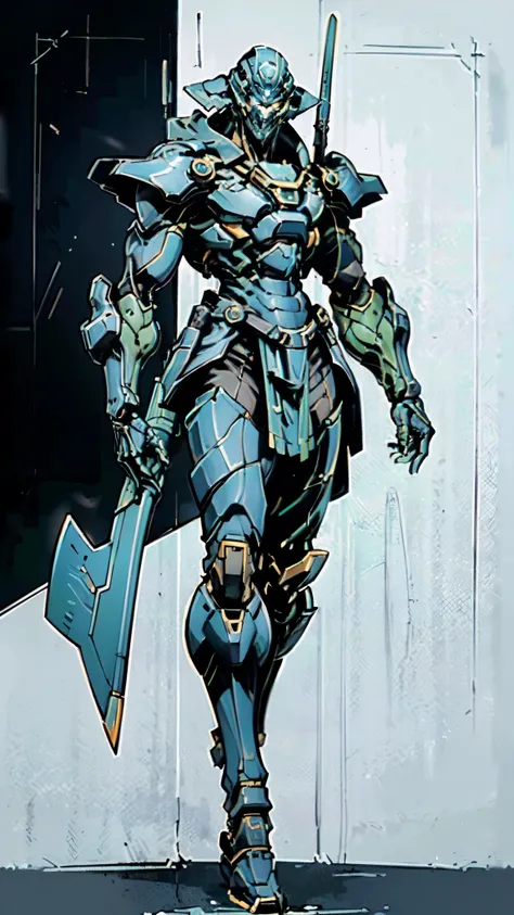 (masterpiece:1.5, best quality:1.5, extremely delicate:1.5, dynamic angle:1.5), ((male:1.5)), Biomimetic humanoid Mecha, green eyes, fully enclosed shoulder guards, matching arm and leg guards, gemstone, full body, full armor, the design balances heavy wit...