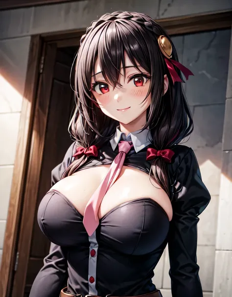 (red eyes),aayunyun,long hair,braid,twintails,hair between eyes,red bow,hair ornament,pink necktie,black shirt,belt,clothing cutout,long sleeves,juliet sleeves,skirt,(huge breasts:1.35),(shiny hair),((solo)),((masterpiece)),((best quality)),perfect anatomy...