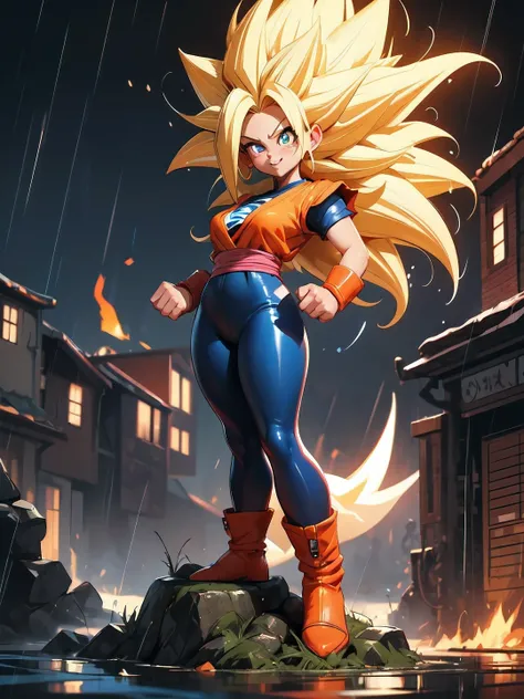 ((Full body photo, feet on the ground, straight body, Dragon Ball Anime)), ((Laura/woman, extremely beautiful)), ((Super Saiyan Superior Instinct)) {transformed into Super Saiyan} wearing Goku s costume/extremely tight on body, emanating golden magic aura ...