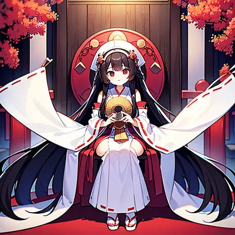  Long black hair wearing a pure white shrine maiden costume holding a fan in the background is a shrine