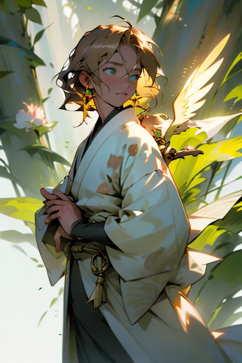 BOTH TOGETHER IN ONE IMAGE HOLDING HANDS On a serene meadow, , an angel girl with light brown hair ,  almost like milk tea ,  and glowing golden eyes ,  delicately holds the hand of a blond boy with green eyes .  She wears an elegant kimono adorned with ne...