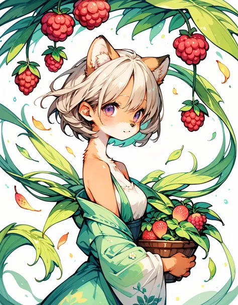 score_9, score_8_up, score_7_up, score_6_up, score_5_up, score_4_up, hires, watercolor texture)cover page, highres, absurdres, super high resolution, detailed background, perfect anatomy(1girl, kemono, furry, short hair, cute)(beautiful flowers, berries, f...