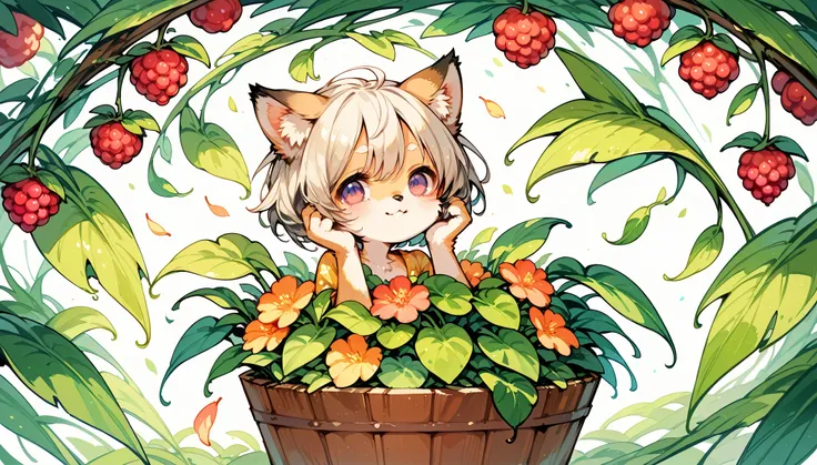 score_9, score_8_up, score_7_up, score_6_up, score_5_up, score_4_up, hires, watercolor texture)cover page, highres, absurdres, super high resolution, detailed background, perfect anatomy(1girl, kemono, furry, short hair, cute)(beautiful flowers, berries, f...