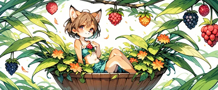 score_9, score_8_up, score_7_up, score_6_up, score_5_up, score_4_up, hires, watercolor texture)cover page, highres, absurdres, super high resolution, detailed background, perfect anatomy(1girl, kemono, furry, short hair, cute)(beautiful flowers, berries, f...