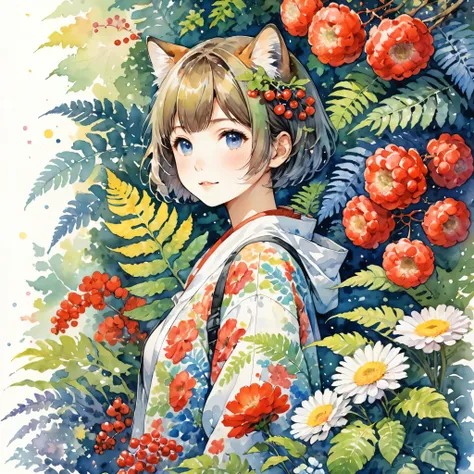 score_9, score_8_up, score_7_up, score_6_up, score_5_up, score_4_up, hires, watercolor texture)cover page, highres, absurdres, super high resolution, detailed background, perfect anatomy(1girl, kemono, furry, short hair, cute)(beautiful flowers, berries, f...