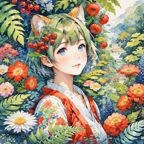 score_9, score_8_up, score_7_up, score_6_up, score_5_up, score_4_up, hires, watercolor texture)cover page, highres, absurdres, super high resolution, detailed background, perfect anatomy(1girl, kemono, furry, short hair, cute)(beautiful flowers, berries, f...