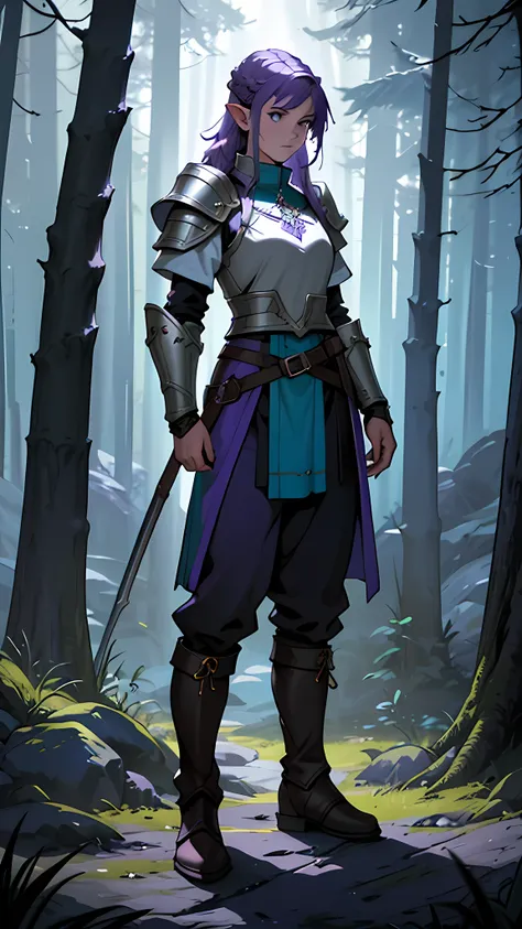 A female halfling cleric with purple hair ,wearing  common clothes with plate armor and pants with boots , weilding a morningstar standing in a bright bioluminescent forest by a nature altar background, cleric aesthetic, dynamic lighting, full-length,dnd c...