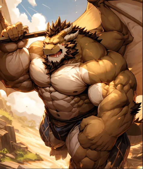 a dragonn-orc，strong body， muscular，like a born strong man。his skin looks healthy and fair out..，muscles and fat interwoven，crea...