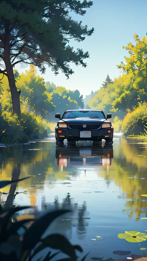 a surreal summer pond scene featuring an old car partially submerged in the water. The setting is bathed in the soft, warm afternoon sun, with boats gently floating on the surface. The backdrop is filled with a lush pond landscape, with a rich depth of fie...