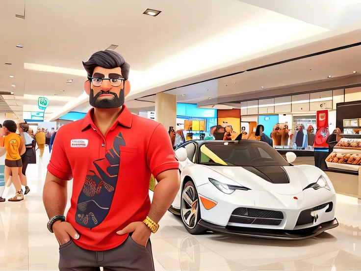 arafed man in red shirt standing in front of a white sports car, appearing in a shopping mall, in a mall, in magnificent shopping mall, at a mall, vinayak, mall background, flaunting his wealth, archan nair, vijay jayant props, jayison devadas, made with p...