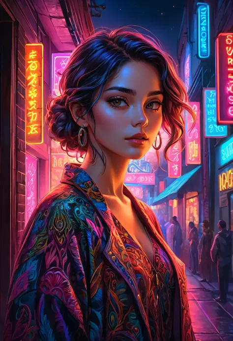 Key art, a beautiful woman, neon colors, intricately detailed, masterpiece, award winning art, deep serenity is infused throughout the imagery, evocative, expressive, emotive art, 8k, hdr