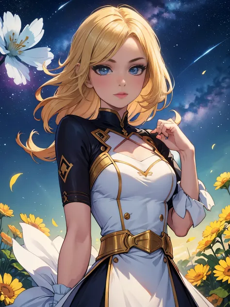 (Best quality, masterpiece), 1girl, pose, particles, wind, flower, upper body, simple background, looking at the audience, blonde, milky way, aesthetic