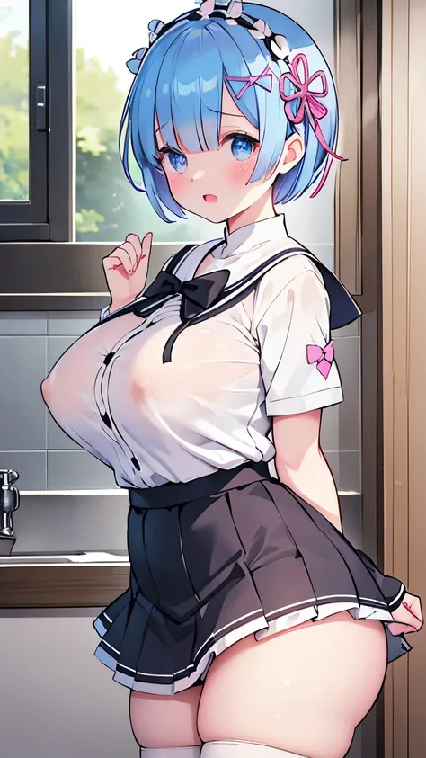 (curvy, large breasts, tented shirt), (Sticky Sailor uniform, mini skirt), ((1girl, Rem from Re:Zero, ))), beautiful detailed eyes, blue eyes,(cute eyes), black thigh highs, arms behind back, (Carving Waistline), Shower room, (cowboy shot, from left side),...