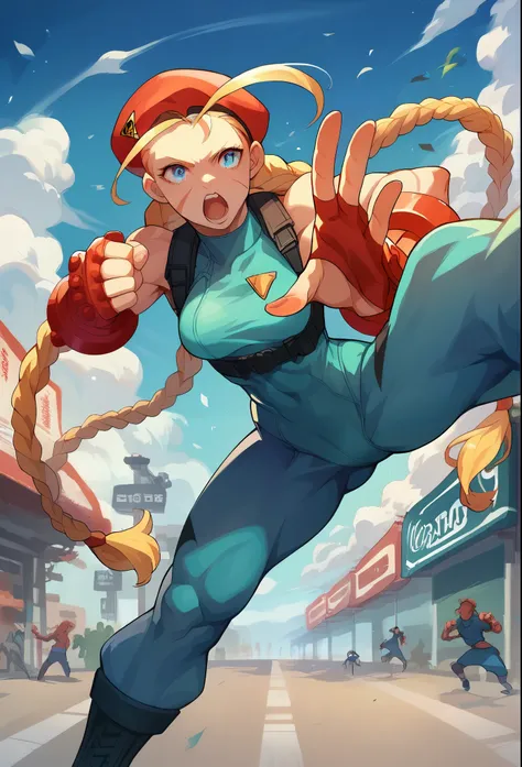 realistic image of young cammy from street fighter ii, kicking over the observer. exterior, chinese commercial street, ultra det...