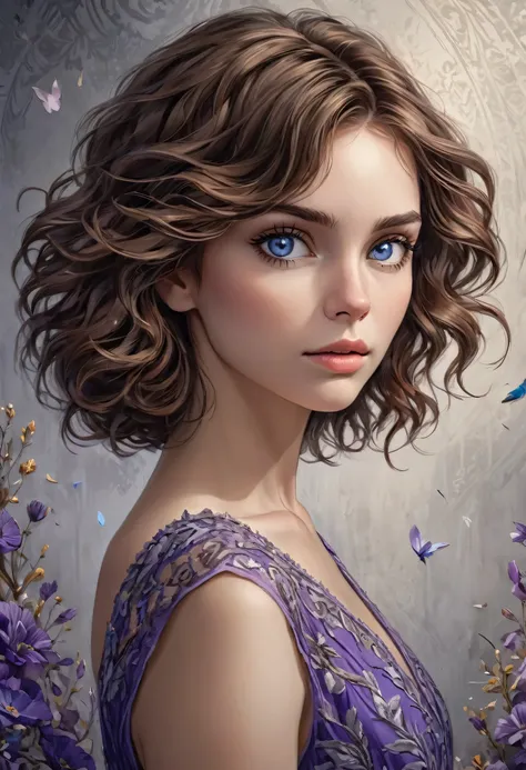 Key art, a beautiful woman with short wavy brown hair and blue eye, grey background , intricately detailed, masterpiece, award winning art, deep serenity is infused throughout the imagery, evocative, expressive, emotive art, 8k, hdr, she wearing purple dre...