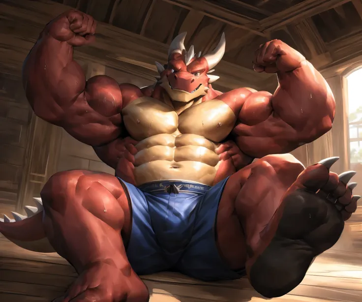  human nature , Cannon , Male, Lonely, (( the strong ，good-looking)), (dragon), Chibo，Sixpack abs ，(indoor)，The soles of the feet point at the audience，black socks， blue shorts ，sweat:1.3， high quality , (4K, high quality ,  High resolution , masterpiece),...