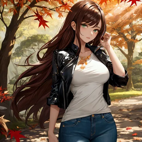 Bandi, a 18 year old slim and petite girl with fair skin, stands elegantly beneath a brilliant Japanese maple tree, its crimson leaves swirling in the autumn breeze. Her dark brown hair flows down her back, and her jade green eyes gleam with a serene yet v...