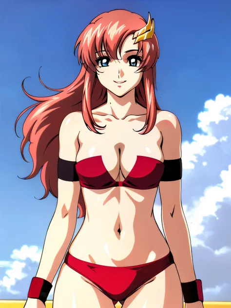 lacus4, (red bikini:1.5), (running, thong, (tall girl:1.5), (biceps:1.1), (hair details:1.3), (pale skin:1.2), (face details:1.0), masterpiece, cowboy shot, very slim shoulders, 4K, (Best Quality:1.2), Anime style: 1.9, happy, Adult Woman, (ultra detailed ...