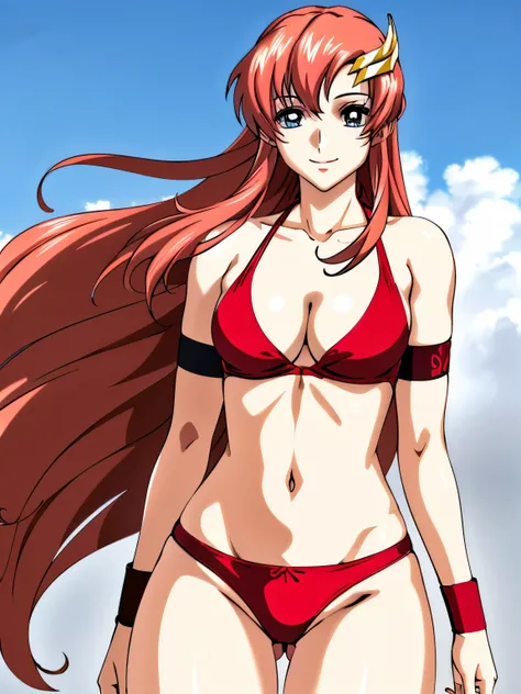 lacus4, (red bikini:1.5), (running, thong, (tall girl:1.5), (biceps:1.1), (hair details:1.3), (pale skin:1.2), (face details:1.0), masterpiece, cowboy shot, very slim shoulders, 4K, (Best Quality:1.2), Anime style: 1.9, happy, Adult Woman, (ultra detailed ...