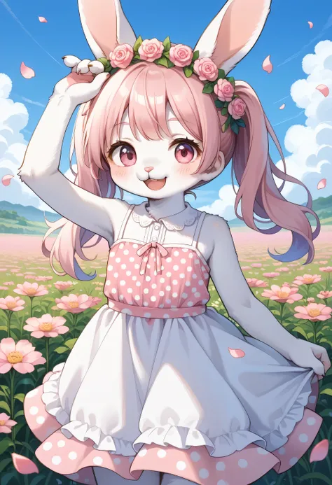 score_9, score_8_up, score_7_up, score_6_up, score_5_up, score_4_up, source_anime, best quality, amazing quality, very aesthetic, absurdres, 1girl, (furry, kemono1.1), rabbit, solo, dress, flower, pink hair, smile, looking at viewer, open mouth, long hair,...