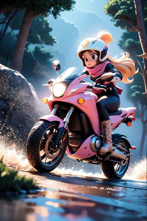 "Describe the object" : "a girl riding a motorcycle",1girl,pink long upper shan,ground vehicle,solo,gloves,motor vehicle,helmet,black eyes,boots,white gloves,blonde hair,riding,scarf,C4D,3D,running on the road,tree,flowing hair,ground water accumulation,sp...