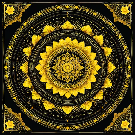 playing card design,  several lines of yellow geometric patterns formed of lines and squares running along the edges (May 5th Mexico), black background, small yellow floral mandala in the center not reaching the edges , (luminous magic circle drawn around)...