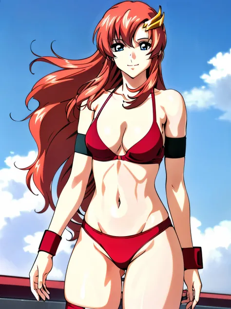 lacus4, (red bikini:1.5), (running, thong, (tall girl:1.5), (biceps:1.1), (hair details:1.3), (pale skin:1.2), (face details:1.0), masterpiece, cowboy shot, very slim shoulders, 4K, (Best Quality:1.2), Anime style: 1.9, happy, Adult Woman, (ultra detailed ...