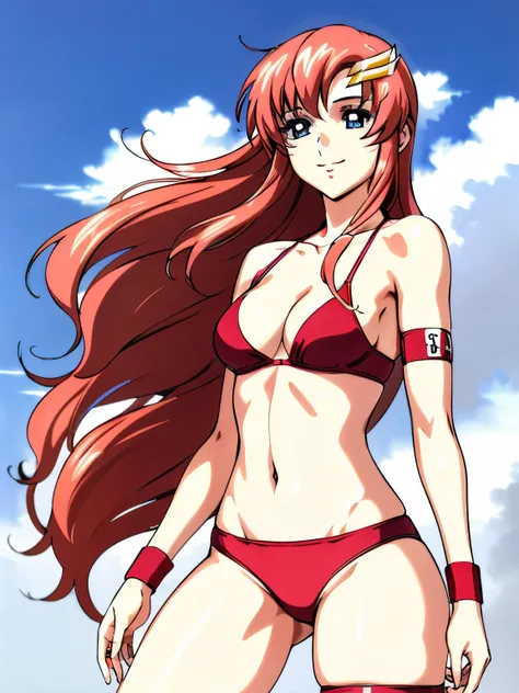 lacus4, (red bikini:1.5), (running, thong, (tall girl:1.5), (biceps:1.1), (hair details:1.3), (pale skin:1.2), (face details:1.0), masterpiece, cowboy shot, very slim shoulders, 4K, (Best Quality:1.2), Anime style: 1.9, happy, Adult Woman, (ultra detailed ...