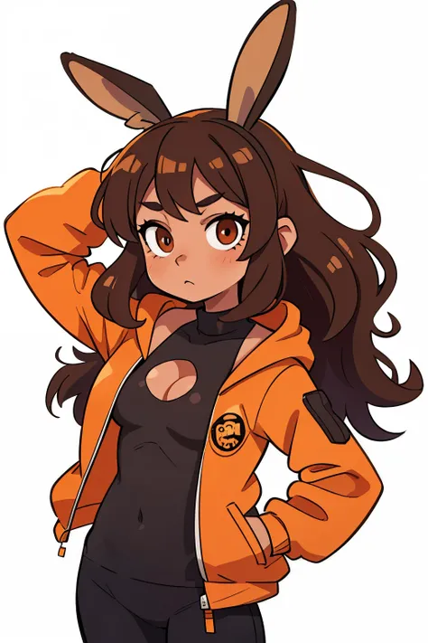 Wavy brown hair,  brown eye , black top, bunny ears, orange jacket 