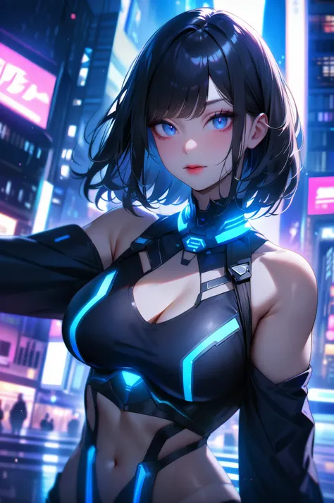 super professional and highly detailed photorealistic picture of a gorgeous female cyber hacker in a futuristic cyberpunk city. She has shoulder-length blue-black hair with bright, glowing neon-blue highlights. Her eyes are sharp and expressive. She blends...