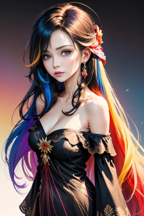 (masterpiece, best quality), ((1girl, (mature female) long hair), (looking at viewer, , off shoulder), (abstract, multicolored background, abstract background, chromatic aberration),