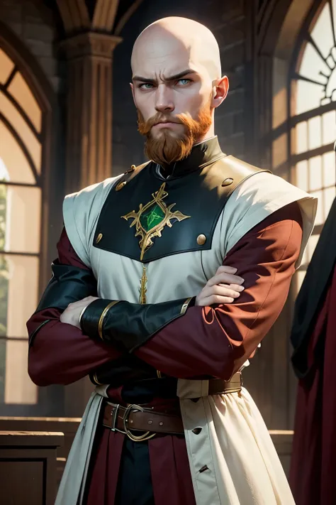  20-year-old human male standing with arms crossed, medieval, white skin, light green eyes, bald, short red beard, Serious face and wearing the clothes of judge , black clothes, Very thin man,
