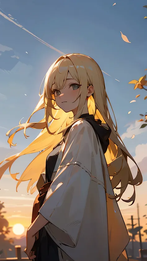 (( best quality)), ((masterpiece)), ( Details),  1 girl,  almond eye ,Long Hair,blonde, 
  I found you in the sky at sunrise ,Wrapped in that kindness , while feeling the changing seasons, I keep staring at you 