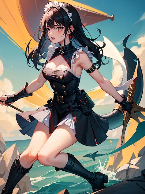 A girl wearing a military-style maid outfit with jagged teeth, holding a spear in her hand and having a shark’s tail.