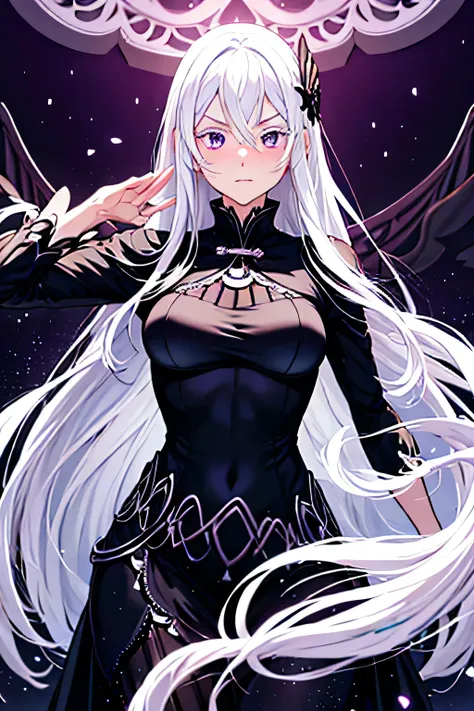 focused to upper body, realistic, 1girl, long white hair, sparkling purple eyes, black dress, standing pose, tomb background, perfect limbs, blush, lascivious feature