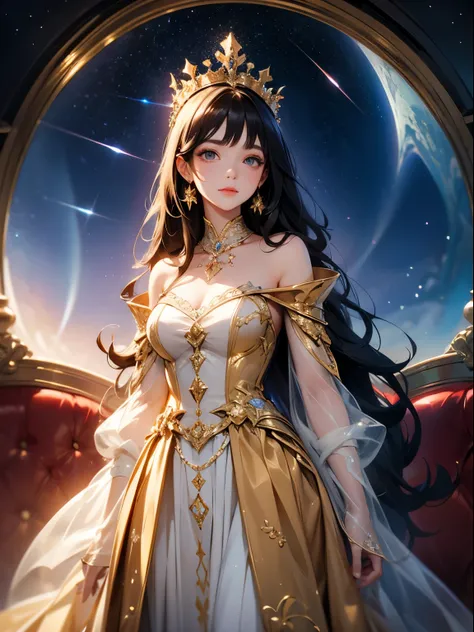 Beautiful woman, long hair, wearing a royal gold crown and fantasy royal dress, standing in the royal chamber with the sky filled with stars, fantastic, clearly visible, 64K HD picture quality, ultra hd 