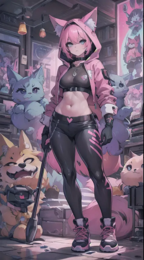 Oh, league of legends, sexy for, wallpapers,  detailed eyes , fox ear, (fox tails), a skirt, (Long pink fur),  medium breasts, looking at_It is shown in_looking atl espectador, _Hair, Gloves, belly button, fail, blue_there are eyes, eternal, _body, arm, fo...