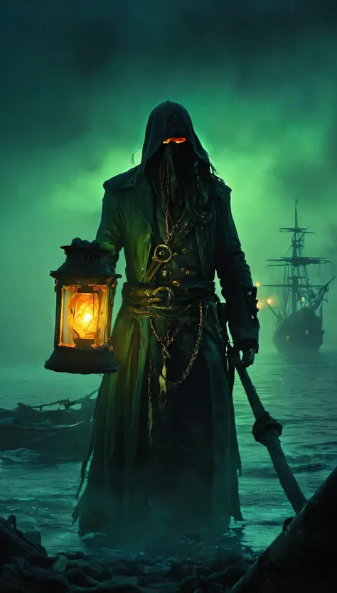 Beneath the spectral glow of a crescent moon, the Dread Corsair prowls the misty docks of a haunted harbor, where the echoes of lost pirate shanties mingle with the chilling sound of creaking wood and lapping waves. This spectral figure is draped in ragged...