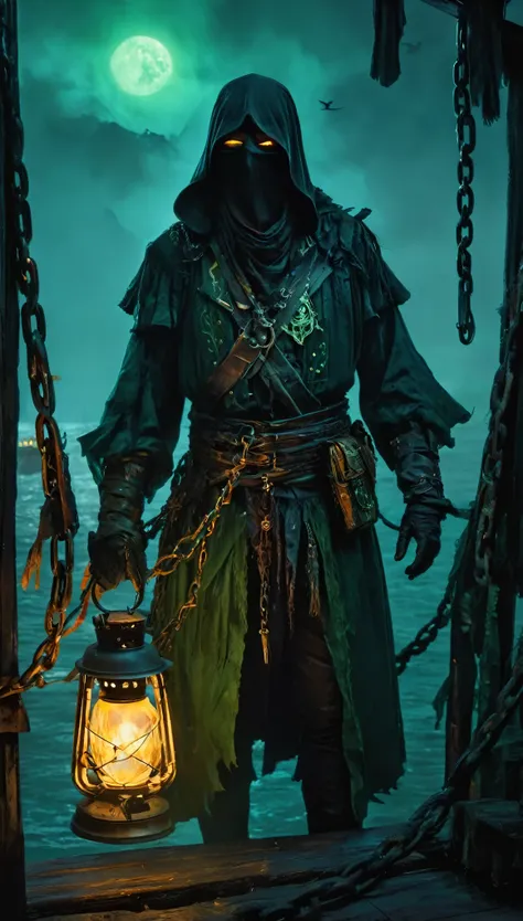 Beneath the spectral glow of a crescent moon, the Dread Corsair prowls the misty docks of a haunted harbor, where the echoes of lost pirate shanties mingle with the chilling sound of creaking wood and lapping waves. This spectral figure is draped in ragged...