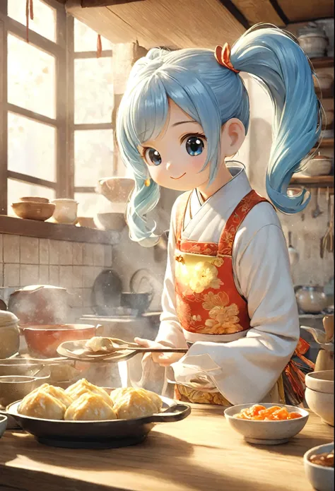 ( best quality, 3d, Ultra-fine,   physically-based rendering  ) In the kitchen,  long light blue hair 、Pretty girl with twin tails、 A harmonious combination of warm and cool colors , Rich and colorful, Vivid expression,   Mischievous and friendly personali...