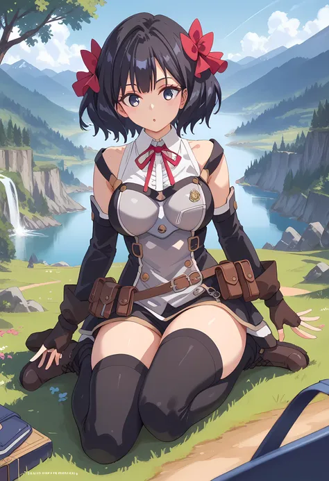 score_9, score_8_superior, score_7_superior, masterpiece, best quality, absurdres, high_fidelity, vibrant, sauce_anime, (rating_explicit:1.0), masterpiece, Highest quality, Adorable, TinoShade, medium hair, black hair, blue eyes, hair bow, red bow, white s...