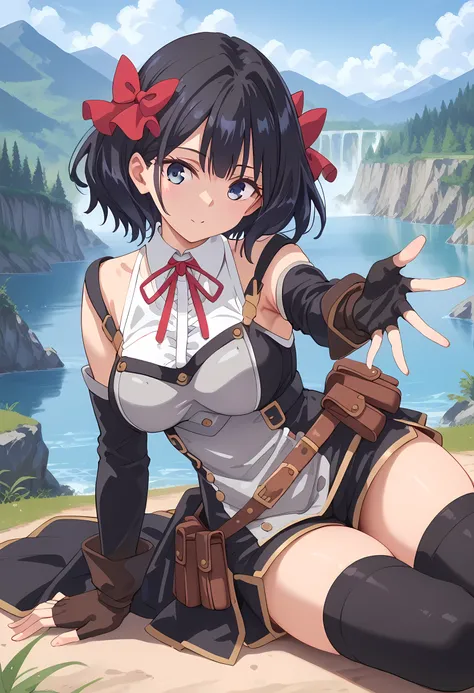 score_9, score_8_superior, score_7_superior, masterpiece, best quality, absurdres, high_fidelity, vibrant, sauce_anime, (rating_explicit:1.0), masterpiece, Highest quality, Adorable, TinoShade, medium hair, black hair, blue eyes, hair bow, red bow, white s...