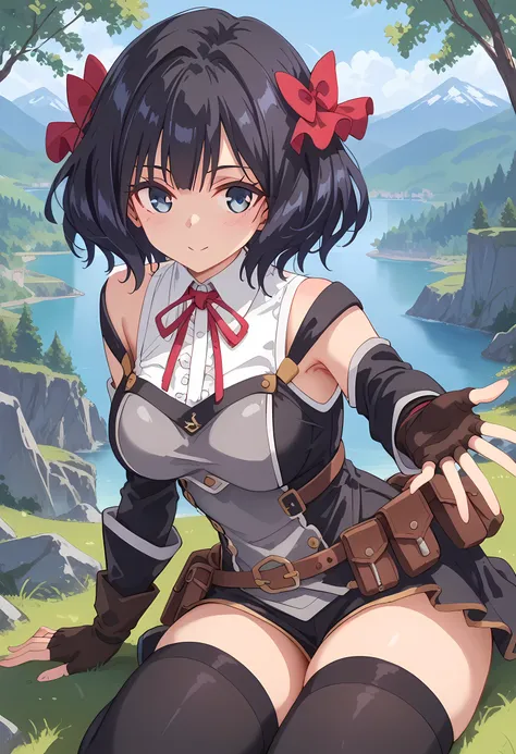 score_9, score_8_superior, score_7_superior, masterpiece, best quality, absurdres, high_fidelity, vibrant, sauce_anime, (rating_explicit:1.1), masterpiece, Highest quality, Adorable, TinoShade, medium hair, black hair, blue eyes, hair bow, red bow, white s...