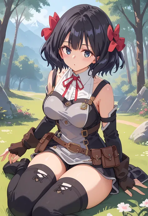 score_9, score_8_superior, score_7_superior, masterpiece, best quality, absurdres, high_fidelity, vibrant, sauce_anime, (rating_explicit:1.1), masterpiece, Highest quality, Adorable, TinoShade, medium hair, black hair, blue eyes, hair bow, red bow, white s...