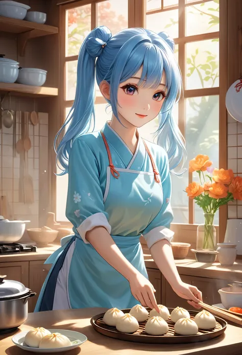  long light blue hair 、Beautiful girl with twin tails、 A bright kitchen with sunlight shining in 、 There are lots of flowers by the window 、 They are making steamed pork buns 、 dynamic and charming pose  ,   soft sunlight pouring through the window  ,  Ima...