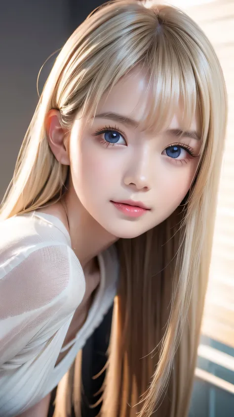 Unparalleled beauty, Shine, Tighten Shine Skin , bangs between eyes, shiny straight beautiful platinum blonde, Super Long, straight, Silky Hair, Eyeliner, sexy and beautiful innocent , Very beautiful Shine with high resolution, big, extremely bright lig...